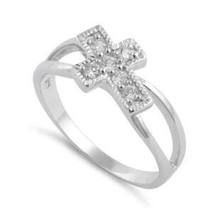 Sterling Silver Sideway Cross CZ Ring New
